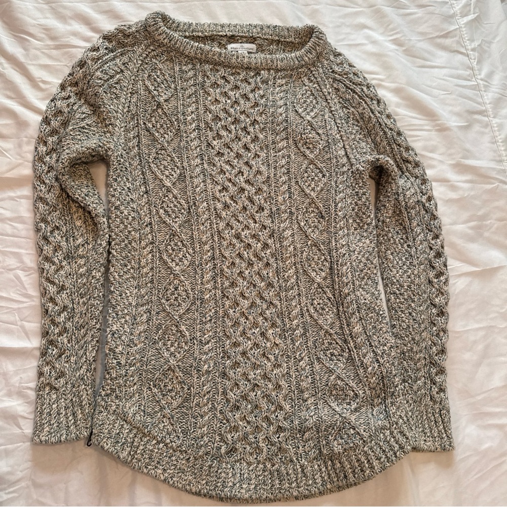 LL Bean Signature Sweater Women's XS Teal / Ivory Cable Knit l Pullover Sweater